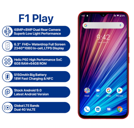 UMIDIGI F1 Spielen Android 9.0 48MP + 8MP + 16MP Kameras 5150mAh 6GB RAM 64GB ROM 6,3" FHD + Helio P60 Globale Version Smartphone Dual 4G