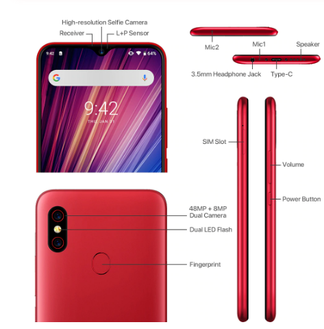 UMIDIGI F1 Spielen Android 9.0 48MP + 8MP + 16MP Kameras 5150mAh 6GB RAM 64GB ROM 6,3" FHD + Helio P60 Globale Version Smartphone Dual 4G