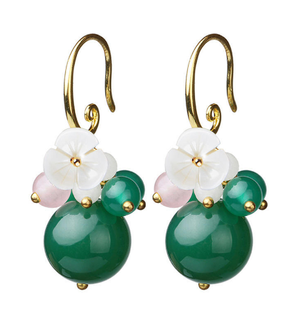 Vintage Ear Drop Earrings Green Agate Balls Flower Plant Pendant Earring For Women - 01