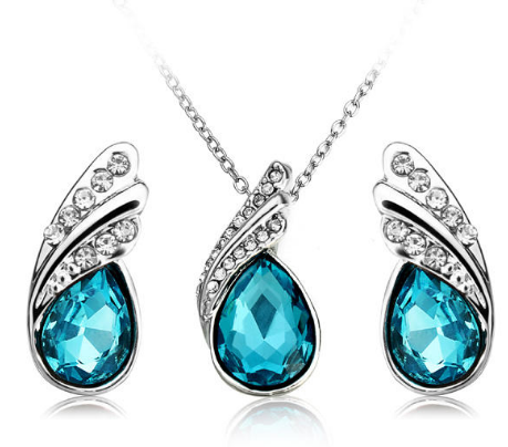Crystal Water Drop Necklace Earrings Jewelry Set Silver Plated Jewelry Gift for Women - Light Blue