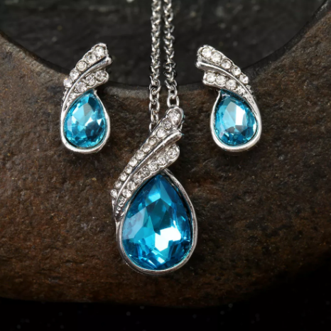 Crystal Water Drop Necklace Earrings Jewelry Set Silver Plated Jewelry Gift for Women - Light Blue