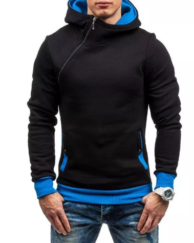 Men Zipper Dual Pockets Hooded Sweatshirt - Black&Blue L