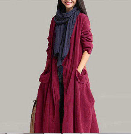 Casual Women Long Sleeve Solid Color Pockets Lace-up Long Outerwear Coats - Burgundy M