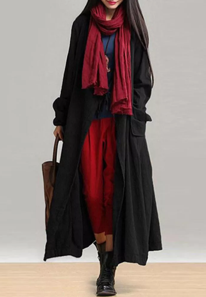 Casual Women Long Sleeve Solid Color Pockets Lace-up Long Outerwear Coats - Burgundy M