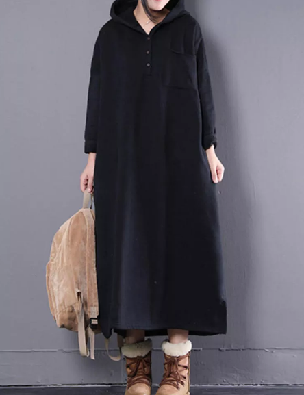S-5XL Women Hooded Long Sleeve Button Split Casual Loose Sweatshirt Dresses - Coffee S