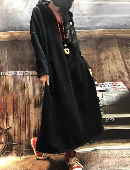 S-5XL Women Hooded Long Sleeve Button Split Casual Loose Sweatshirt Dresses - Coffee S