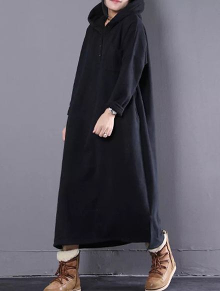 S-5XL Women Hooded Long Sleeve Button Split Casual Loose Sweatshirt Dresses - Coffee S
