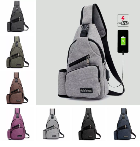 Men Oxford Large Capacity Casual Outdoor Travel USB Charging Port Sling Bag Chest Bag Crossbody Bag - Blue